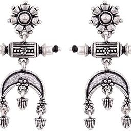 Oxidised Silver Plating Brass Floral Motifs Dangler Earrings for Women and Girls, Boho/Tribal Style-29
