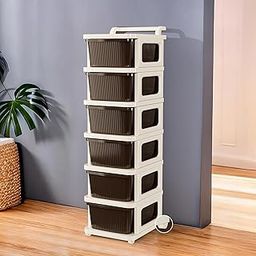 Kuber Industries 6 Layer Plastic Modular Storage Drawer Organizer with Wheels | Chest of Drawer Storage Box for Living Room, Office, School and Home | Toys Organiser for Kids Room | Ivory & Brown-image-32