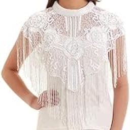 Women's Net Hand Bead Embroidery Designer Short Cape Poncho C7-16 (Free size, White)-picture-36