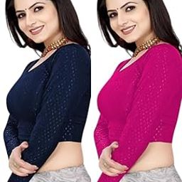 Women's Pack of 2 Blouse Cotton Lycra Round Neck Full Sleeves - Bodycon Fit Saree Blouse for Ethnic and Casual Wear| Top-3-image-49