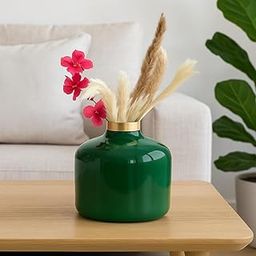 Dome Deco Green Glass Decorative Vase with and Dried Pampas Grass Metal Flower Vase for Living Room Office Table Centerpiece Vase for Flowers Room Decoration 7 inch (Dark Green)-image-36