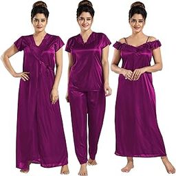 Apparels Solid Satin 4 Piece Nightwear Set (1 Robe, 1 Nighty, 1 Top, 1 Pyjama) for Women | Sleepwear | Free Size-image-38