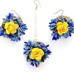 Women Plated Pearl & Gota Patti Flower Haldi Mehandi Maangtikka With Earrings-image-58