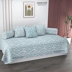 HIDECOR Super Soft Cotton Paisley diwan Set for Living Room, diwan Set Covers Cotton, diwan Set 6 Pieces One Single Bedsheet with 3 Cushion Cover,2 Bolster (White(Aqua Print))-image-98