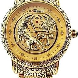 Forest Luxury Gold-Tone Tiger Skeleton Dial Watch, Vintage Carved Pattern Band, Quartz Movement-picture-39