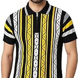 Bold and Stylish Knitted Polo Shirt Featuring Vibrant Yellow, White, and Grey Geometric Stripes on a Black Base. Designed with a Zip-up Collar for a Modern Twist.-image-3