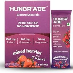 Hungr'Ade Electrolyte Mix | Zero Sugar | No Artificial Ingredients | No Preservatives | Instant Hydration, Energy, Recovery & Performance | Mixed Berries | 38.5g Sachets | Pack of 7 (1 count (Pack of 7 Sachets), Mixed Berries with Acai Berry)-29