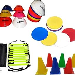 Foxsus Combo of Agility Ladder 4 m with 10 rungs; 6 dot Marker; 10 Mini Saucer Cone Multicolour;6 Marking Cone 6 inches-27