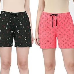 Women's Printed Cotton Lounge Shorts, Black and Pink, Heart and Floral Pattern, Drawstring Waist-picture-20