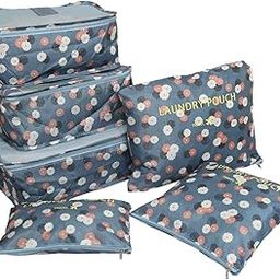 House of Quirk Travel Storage Polyester Printed Clothes Packing Cubes Space Savers Bags Cosmetics/Underwear/Socks/Shoes Organizer Pouch (Pack of 6 Blue Flower)-image-94