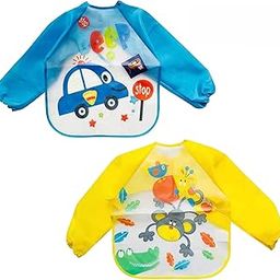 POLKA TOTS Waterproof Washable Full Sleeves Apron Feeding Bibs Combo Pack with Super Absorbent, Soft, Comfortable & Lightweight for Infants & Baby Toddlers (Pack of 2, Car & Monkey Design)-23
