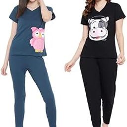 Women's Set of 2 Cotton Printed Top & Pyjama Set in Blue, Black Colour-image-41