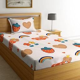 LAYNORA Premium Cotton Single Bedsheet with One Pillow Cover for Coat/Diwan/ 4x6 Bed 180 Tc (152 x 228 cm, Beige Kids Printed)-21