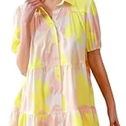 shasmi Women's Green Flower Print Short Sleeve Button Front All-Over Printed Dresses, Ruffle Hem Smock Dress for Woman (161 Dress)-picture-16