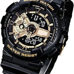 Men's Black & Gold Analog-Digital Watch, 200M Waterproof, Shockproof Sports Wristwatch with Resin Strap, Dual Time, Stopwatch - HX-110GB-1DGR-image-76