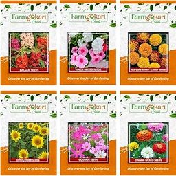 Farmgo ~ Flower Seeds Combo Collection Pack for Home Garden, 6 delightful varieties -Marigold Mixed Color, Balsam, Vinca (Sadabahar) periwinkle, Cosmos, Zinnia Mixed and Sunflower (Large)-image-42