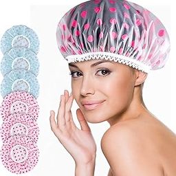 6 PCS Shower Caps, Elastic Reusable Bathing Hair Cap, Waterproof EVA Plastic Bath Caps,Beauty Salon Spa Shower Caps Lace Elastic Band Dot Printed Hat Environmental Protection Hair Bath Caps-image-86