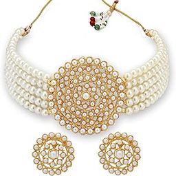 Lavish Gold Plated White Pearl Choker Necklace Set with Stud Earring for Women-image-45