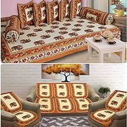 SkyKross - Everyday A New Thing Special Hathi Pure Cotton ROOMSET |Diwan & Sofa Cover Set Combo| Single Bedsheet, 2 Bolster Covers, 5 CushionCovers and Five Seater Sofa Cover Set (Mustard)-image-14