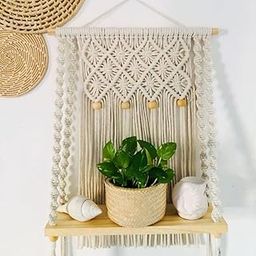 tms Unique Design Boho Handmade Macrame Hanging Decor Wall Decor Floating Shelf for Books and Planters Livingroom, Bedroom - Off-White - 12Wx5Dx24L inches (Wooden Beads)-image-40