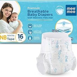 Mee Mee Premium Breathable Baby Diapers | (NB) Size Baby Taped Diapers | 16 PIECES | Skin Friendly, Super Absorbent, Cotton Soft with Wetness Indicator (Newborn, 16 PIECES)-image-40