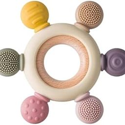 Barretden Infant Wooden Teether, Baby Teething Toys Silicone Teethers Bpa Free Silicone Rudder with Wooden Ring Soothe Babies Gums-image-95