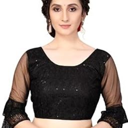 OVIFAME Embellished Round Neck Net Designer Blouse Three-Quarters Sleeve Readymade Saree Blouse for Women-image-17