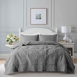 Damask Quilt Queen Size Bedding Sets with Pillow Shams, Boho Lightweight Soft Bedspread Coverlet, Grey Quilted Blanket Thin Comforter Bed Cover for All Season Spring Summer, 3 Pieces, 90x90 inches-image-48
