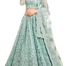 Women's Net Embroidered Lehenga Choli with Dupatta, Mint Green,-image-69