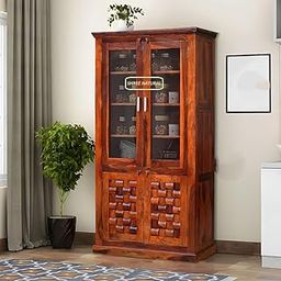 Solid Sheesham Wood Multipurpose Kitchen Crockery Cabinet Display Rack with 4 Door Storage for Living Room | Wooden Bookcase for Home Office Furniture (Honey)-3