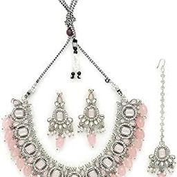 Artistic Rhodium Plated Pink AD Stone Collar Bone Necklace Set With Earring And Maangtika | Jewellery Set For Women (NS105698)-image-22