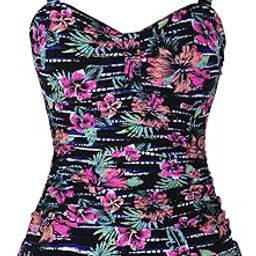 Women's 50's Retro Ruched Tankini Swimsuit Top with Ruffle Hem Black&Red Floral 8-image-96