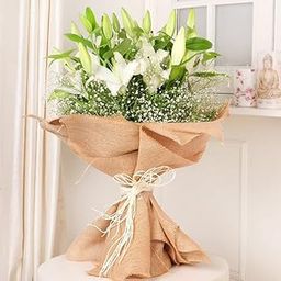 FlowerAura Fresh Live Flower Bouquet of 7 White Lilies For Birthday Gift, Anniversary Gift, Wedding Gift, Congratulations Gift & Gift For Special Occasions (Same Day Delivery)-image-46