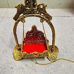 Decorative Brass Swing Jhula for Hindu Deities, Gold-Toned with Red Cushion, Traditional Design-image-34