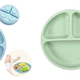 SNOWIE SOFT® Baby Suction Plates Combo, Silicone Toddler Plates with 4 Strong Suction Cups, Deep Divided, BPA Free, Dishwasher & Microwave Safe, Self-Feeding for Kids, Green-0