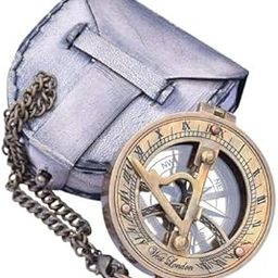 Handmade Sundial Compass with Free Chain & Leather Case Antique Finish Pocket Compass Marine Nautical Sun Clock Pirate Ship Replica Antique Compass for Hiking & Camping-11