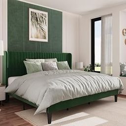HITHOS Solid Wood Modern Upholstered King Size Bed with Wingback Headboard | Wooden Double Bed Cot Palang Furture Without Storage (Regal Green) -3 Year Warranty-image-94