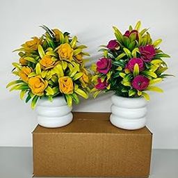 ADIRSA Artificial Flower| Faux Flower Plant for Home Office Decor | Tabletop and Desk Decoration | Artificial Flower for Balcony Decor [ Yellow - Pink, Set of 2 ]-image-89