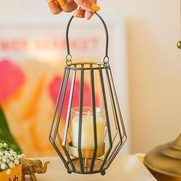 10Club Conical Wire Lantern Stand - Festive Candle Holder, Hanging Lamp for Home Decoration, T Light, Vintage and Elegant Decorative Items, Green Gold, 1Pc-image-0