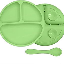 FunBlast Silicone Suction Plate with Compartments & Spoon – BPA-Free Baby Feeding Set, Strong Suction, Non-Slip Toddler Plate for Self-Feeding, Microwave & Dishwasher Safe (Green)-image-33