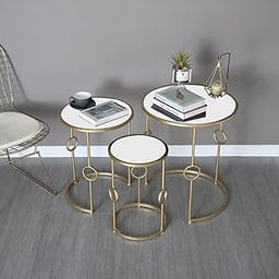 Brown Art SHOPPEE Set of 3 Modern End Table Coffee Table Living Room Bedroom Sofa Corner, Modern Minimalist Small Round Table Nesting Table (Gold & White)-picture-2