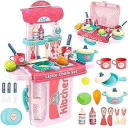 GRAPHENE Kitchen Set Toys with Suitcase for Girls Kids Plastic 3 in 1 Portable Pretend Food Party Role Play Little Chef Realistic Miniature Cooking Accessories Utensils Item 19 Pieces (Multi Color)-image-18