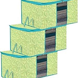 Kuber Industries Underbed Storage Bag | Clothes Storage Bag | Blanket Cover with Clear Window | Zipper Closure & Handle Cloth Organizer | Leaf-Design | Large | Pack of 3 | Green-12