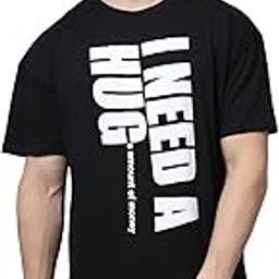 Men Black I Need a Hug Printed Pure Cotton Oversized T-Shirt-image-32