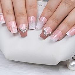 Secret Lives Glossy Reusable Artificial Pink & Brown Color with White Tips Silver Glitter & 3D Stone Fake False Press on Nails 24 pieces Set with Kit-2