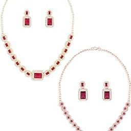 Combo of 2 Purple Pink Dazzling Diamonds Necklaces & Earrings Set For Women-ZPFK21360-image-46
