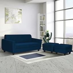 FURNY Aura 3 Seater Fabric Sofa Set with 2 Puffys for Living Room (Blue)-image-81