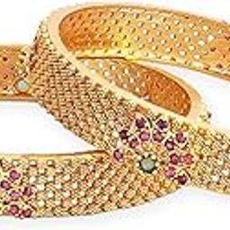 22K Gold Plated Pink Green Stone Studded Bangle-image-55