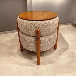 ZIKR THE STUDIO Modern Round Storage Bed Side Table with Wooden Top, Sherpa Fabric Upholstery, 3-Legged Design, Grey and White-0