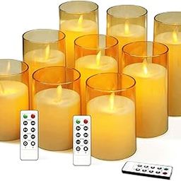 LTETTES Flameless LED Electric Candles with Acrylic Amber Golden Glass and Dancing Faux Wick | Set of 9-4",5",6" x 3" Diameter| AA Battery Powered with Remote Controller and Timer for Home Décor-91